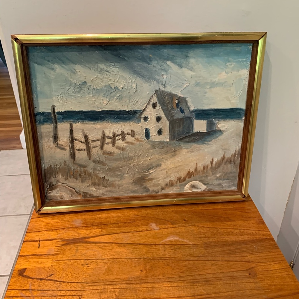 Vintage Rustic Landscape Painting with Gold Frame